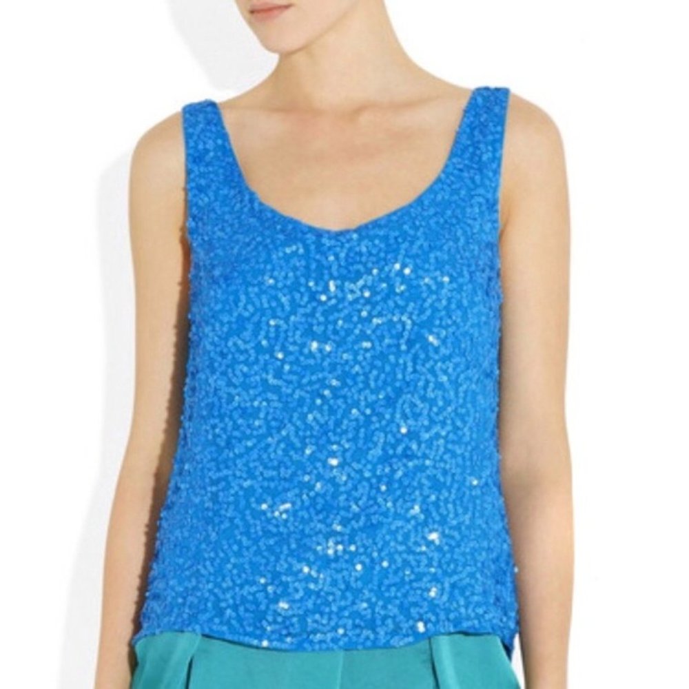 Alice + Olivia Sequin Silk Chiffon Blue Tank